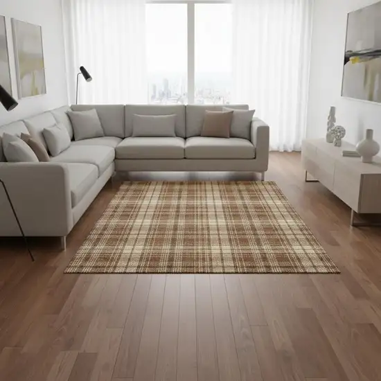 Rust Beige And Brown Plaid Washable Area Rug With UV Protection Photo 2