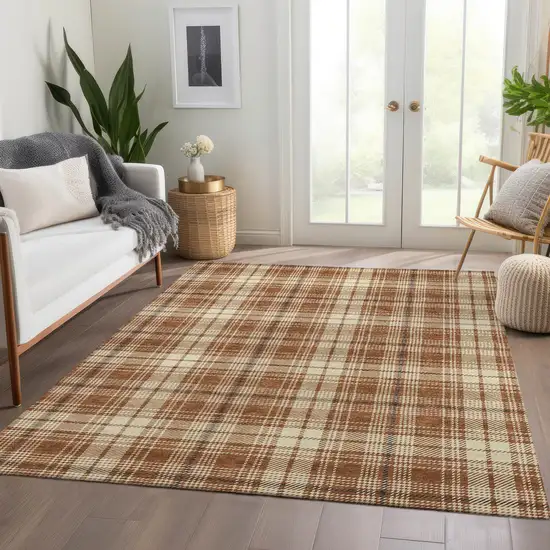Rust Beige And Brown Plaid Washable Area Rug With UV Protection Photo 4