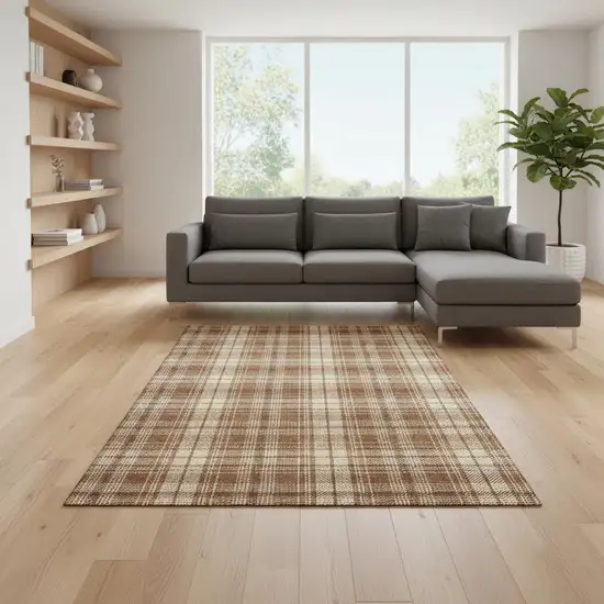 Rust Beige And Brown Plaid Washable Area Rug With UV Protection Photo 2