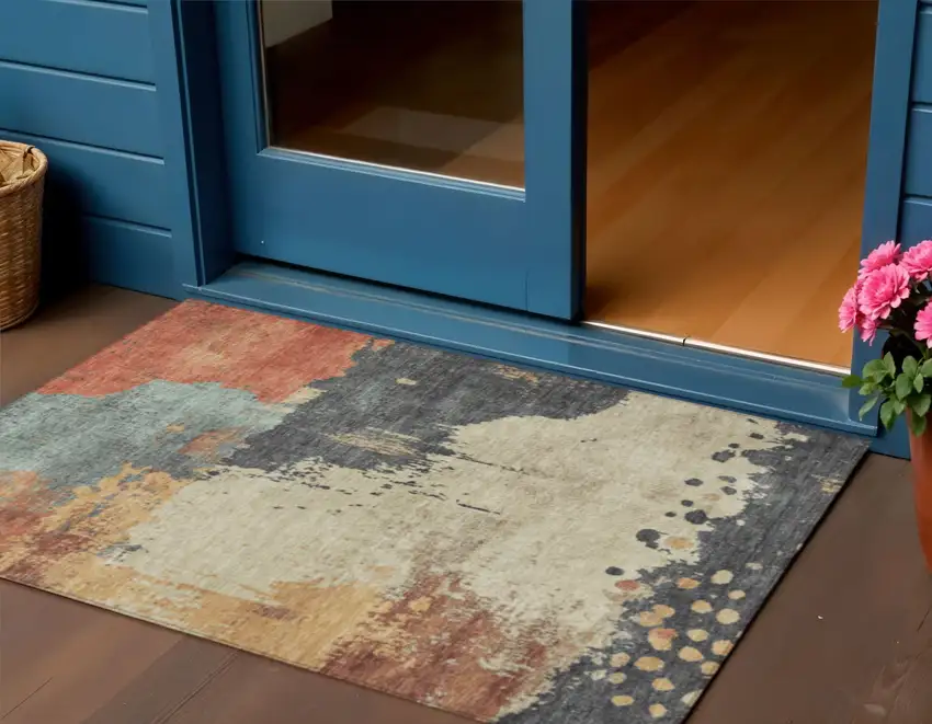 Rust Beige And Charcoal Abstract Washable Indoor Outdoor Area Rug Photo 2