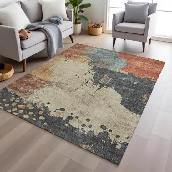Rust Beige And Charcoal Abstract Washable Indoor Outdoor Area Rug Photo 4