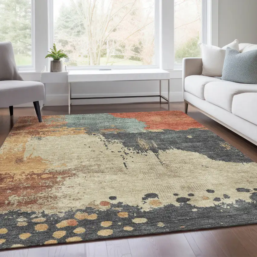Rust Beige And Charcoal Abstract Washable Indoor Outdoor Area Rug Photo 5