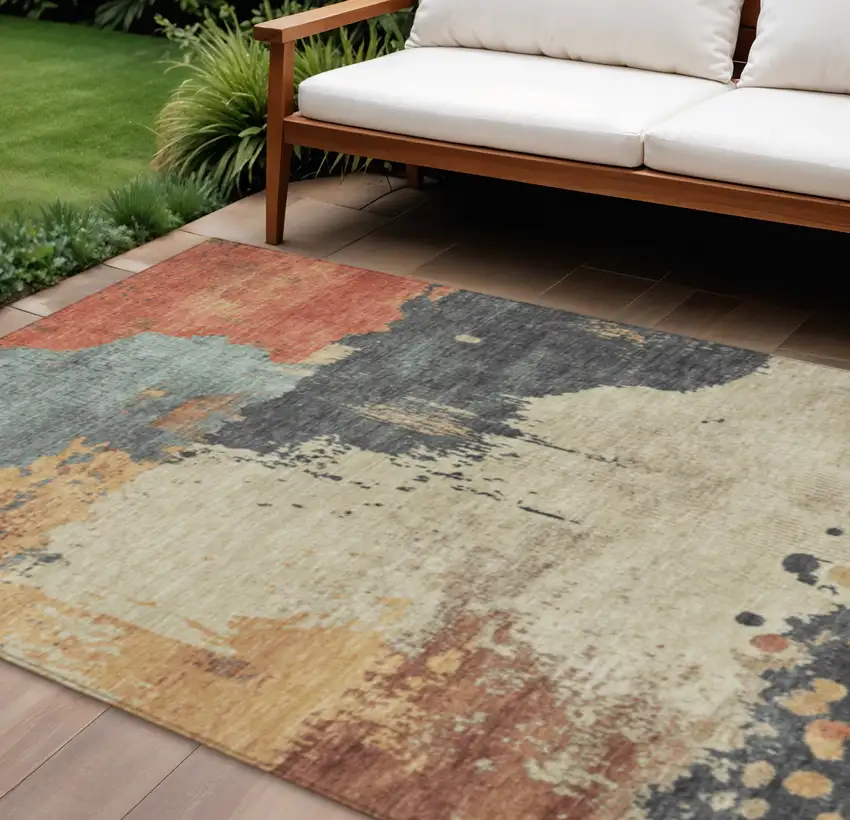 Rust Beige And Charcoal Abstract Washable Indoor Outdoor Area Rug Photo 2