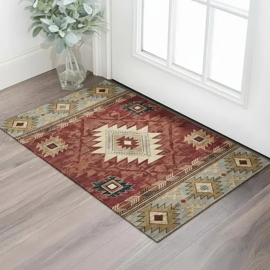 Rust Beige And Charcoal Geometric Washable Area Rug With UV Protection Photo 2