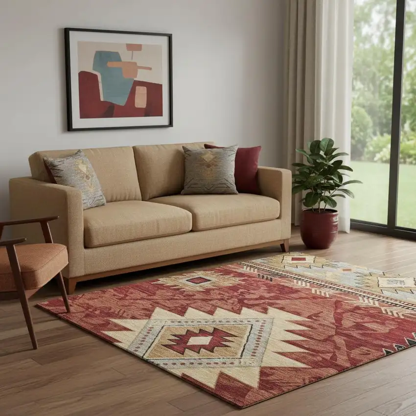 Rust Beige And Charcoal Geometric Washable Area Rug With UV Protection Photo 2