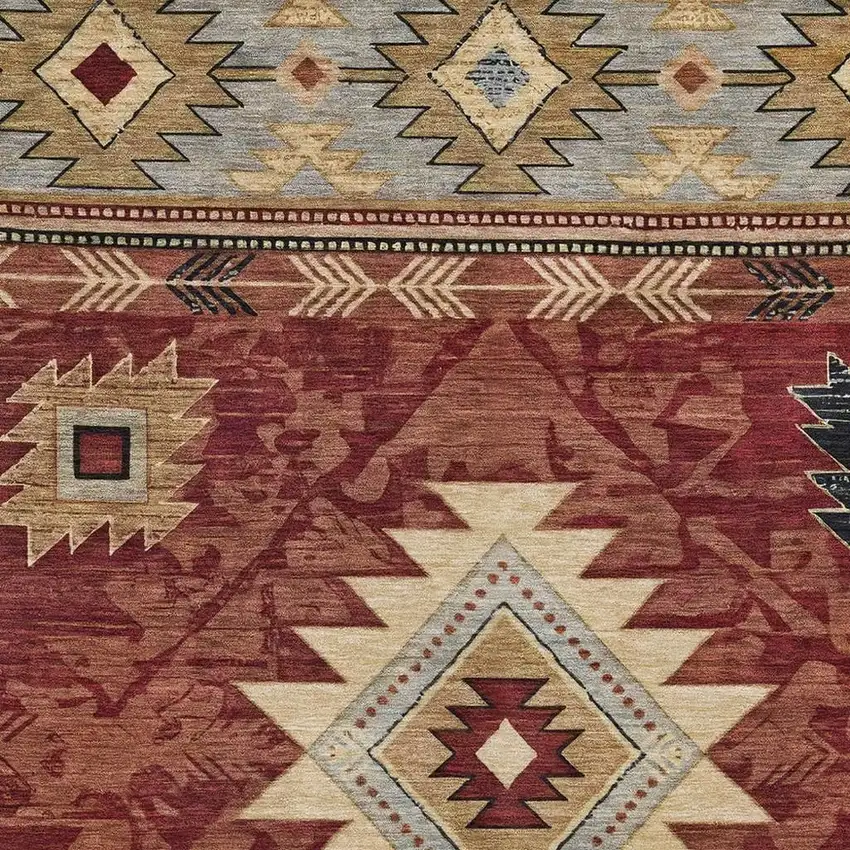 Rust Beige And Charcoal Geometric Washable Area Rug With UV Protection Photo 2