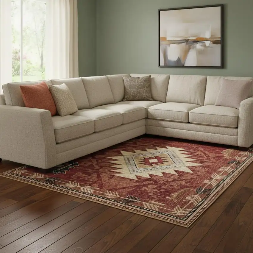 Rust Beige And Charcoal Geometric Washable Area Rug With UV Protection Photo 2