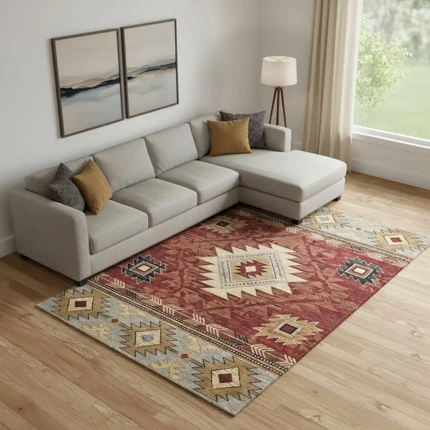 Rust Beige And Charcoal Geometric Washable Area Rug With UV Protection Photo 2