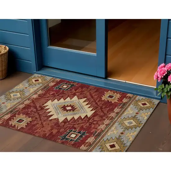 Rust Beige And Charcoal Tribal Washable Indoor Outdoor Area Rug Photo 2
