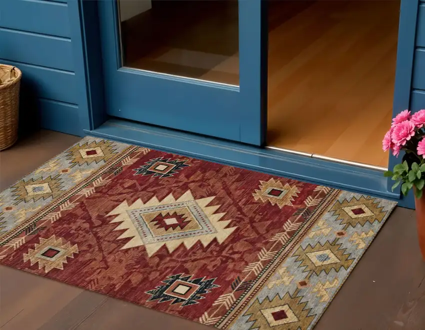 Rust Beige And Charcoal Tribal Washable Indoor Outdoor Area Rug Photo 2