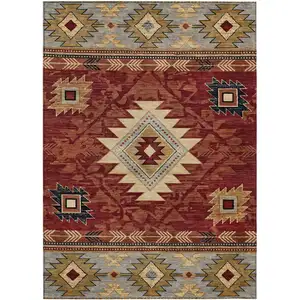 Photo of Rust Beige And Charcoal Tribal Washable Indoor Outdoor Area Rug