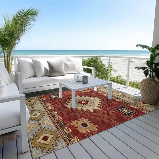 Rust Beige And Charcoal Tribal Washable Indoor Outdoor Area Rug Photo 6