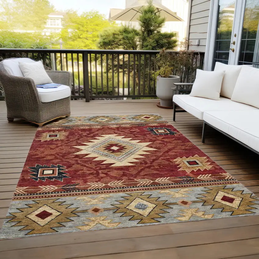 Rust Beige And Charcoal Tribal Washable Indoor Outdoor Area Rug Photo 9