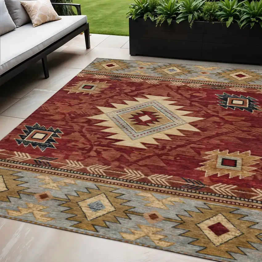 Rust Beige And Charcoal Tribal Washable Indoor Outdoor Area Rug Photo 2