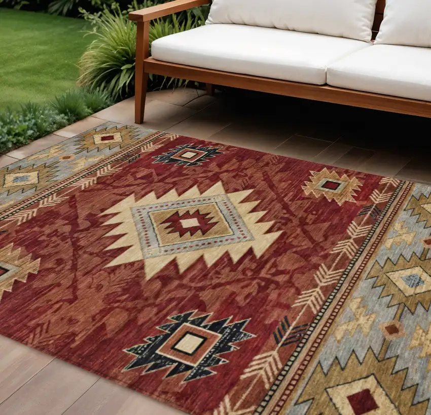 Rust Beige And Charcoal Tribal Washable Indoor Outdoor Area Rug Photo 2