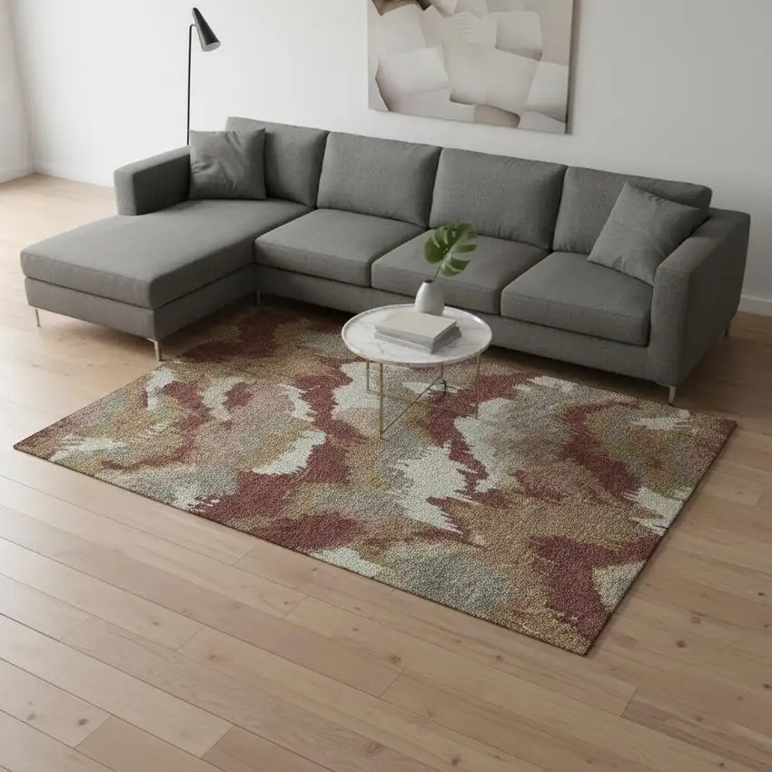 Rust Beige And Copper Abstract Washable Area Rug With UV Protection Photo 1