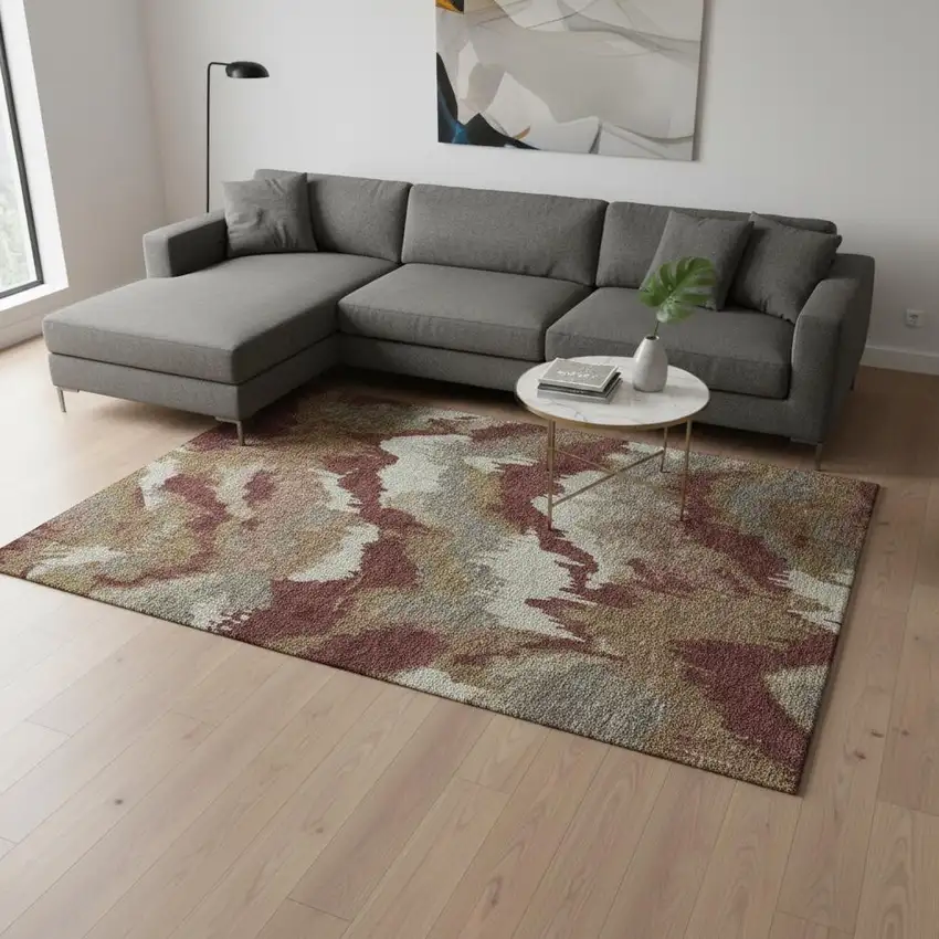 Rust Beige And Copper Abstract Washable Area Rug With UV Protection Photo 1