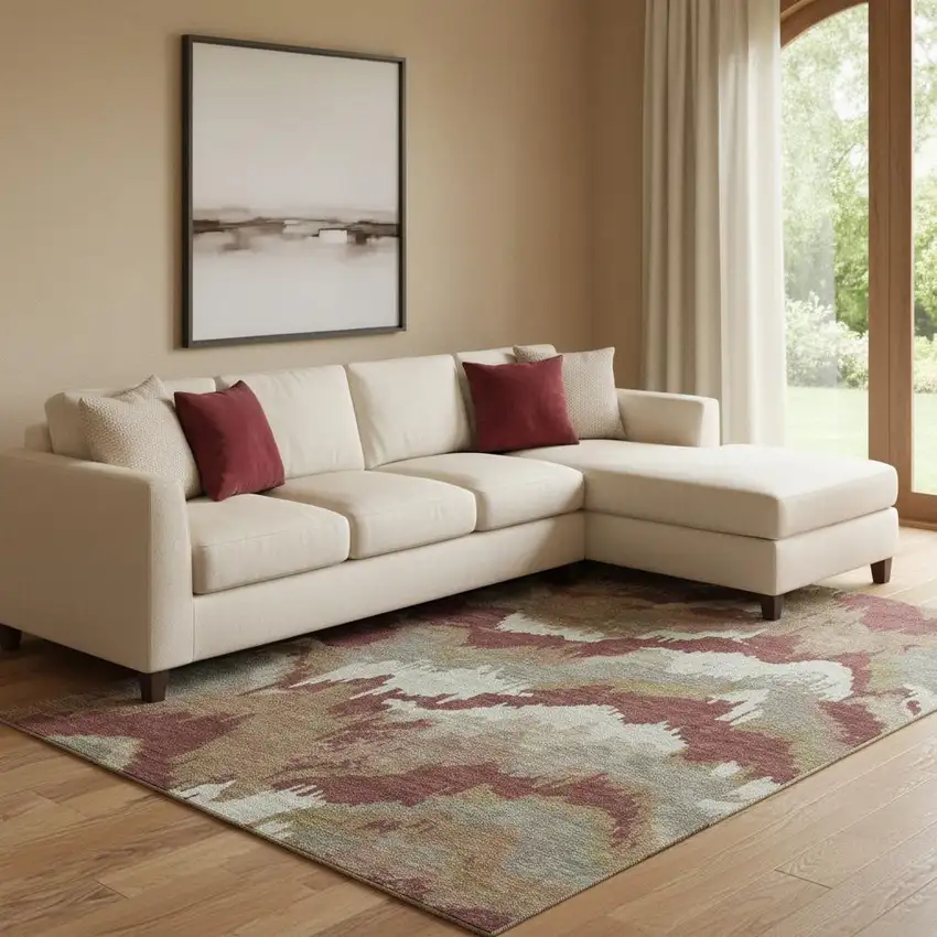 Rust Beige And Copper Abstract Washable Area Rug With UV Protection Photo 1