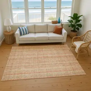 Photo of Rust Beige And Copper Striped Washable Area Rug With UV Protection