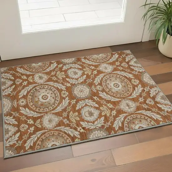 Rust Beige And Gold Floral Washable Area Rug With UV Protection Photo 2