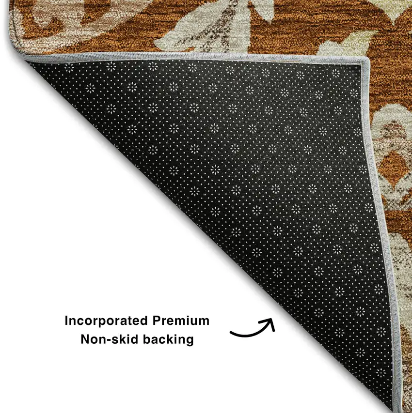 Rust Beige And Gold Floral Washable Area Rug With UV Protection Photo 7