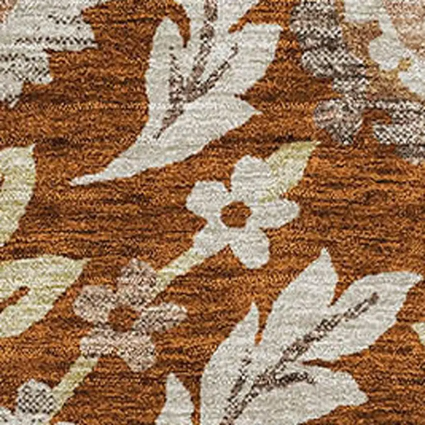 Rust Beige And Gold Floral Washable Area Rug With UV Protection Photo 3