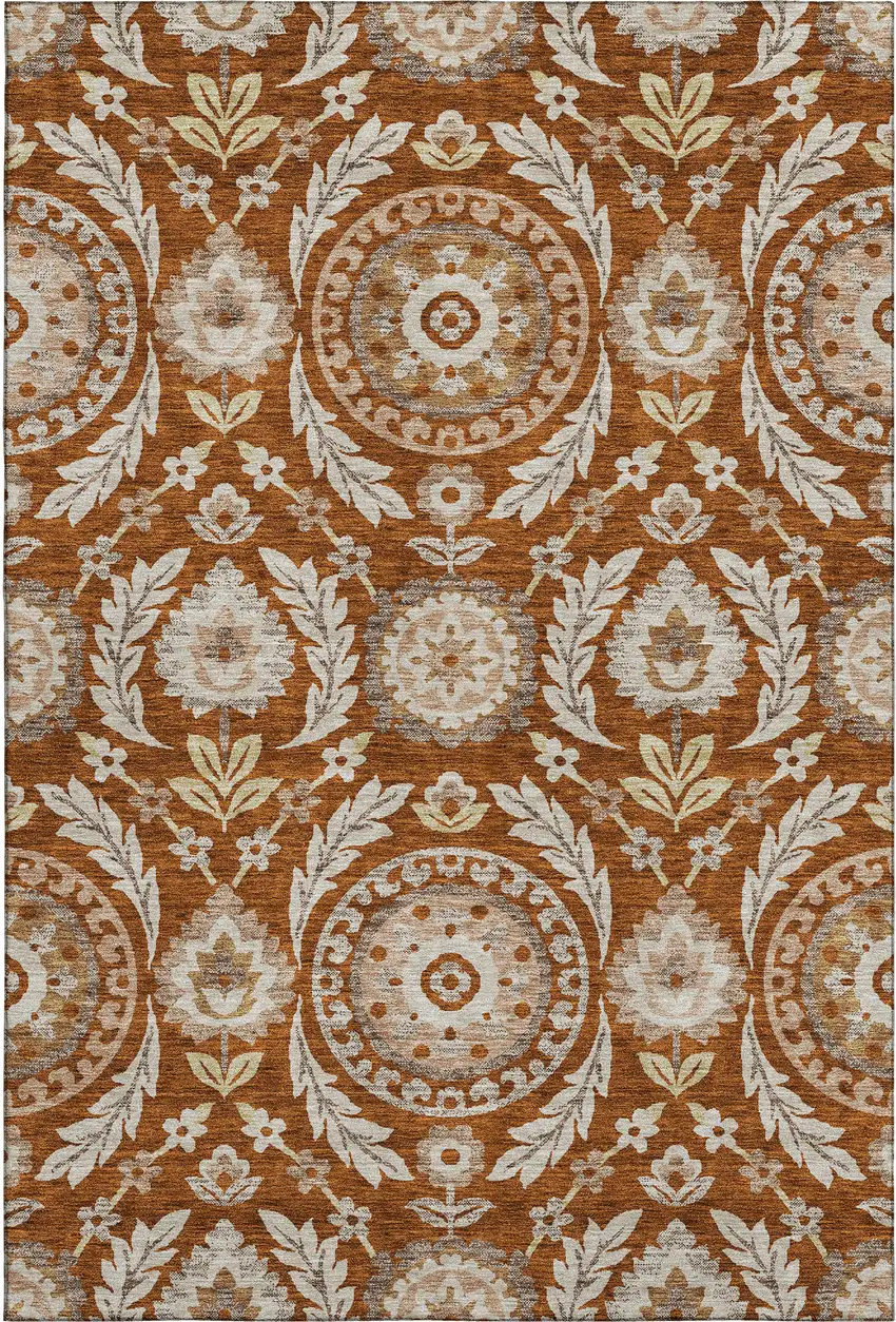 Rust Beige And Gold Floral Washable Area Rug With UV Protection Photo 1