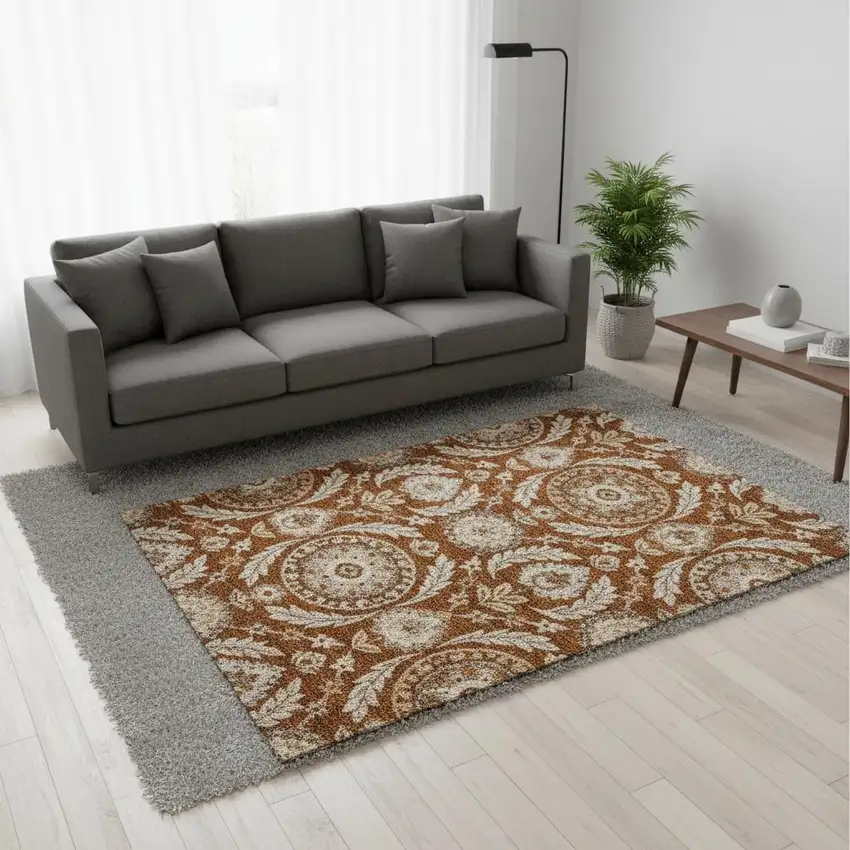 Rust Beige And Gold Floral Washable Area Rug With UV Protection Photo 2