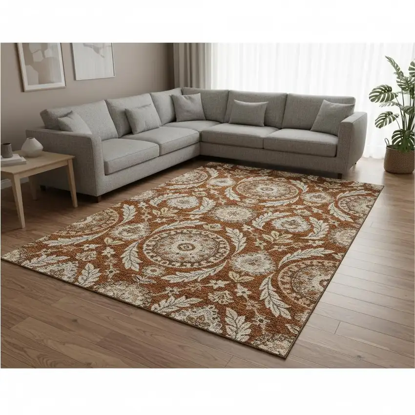 Rust Beige And Gold Floral Washable Area Rug With UV Protection Photo 2
