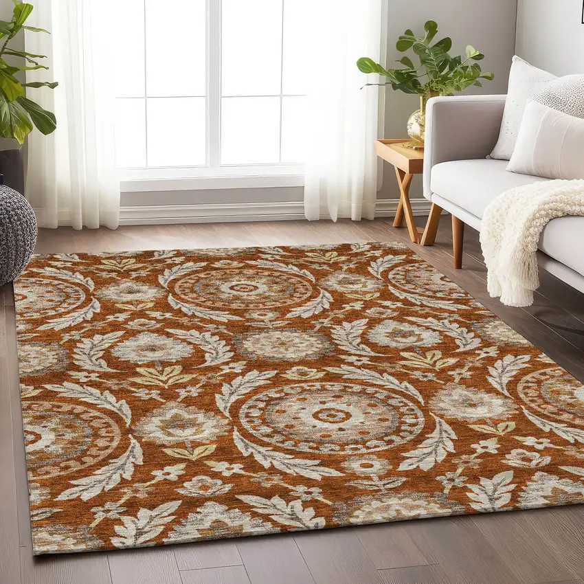Rust Beige And Gold Floral Washable Area Rug With UV Protection Photo 5