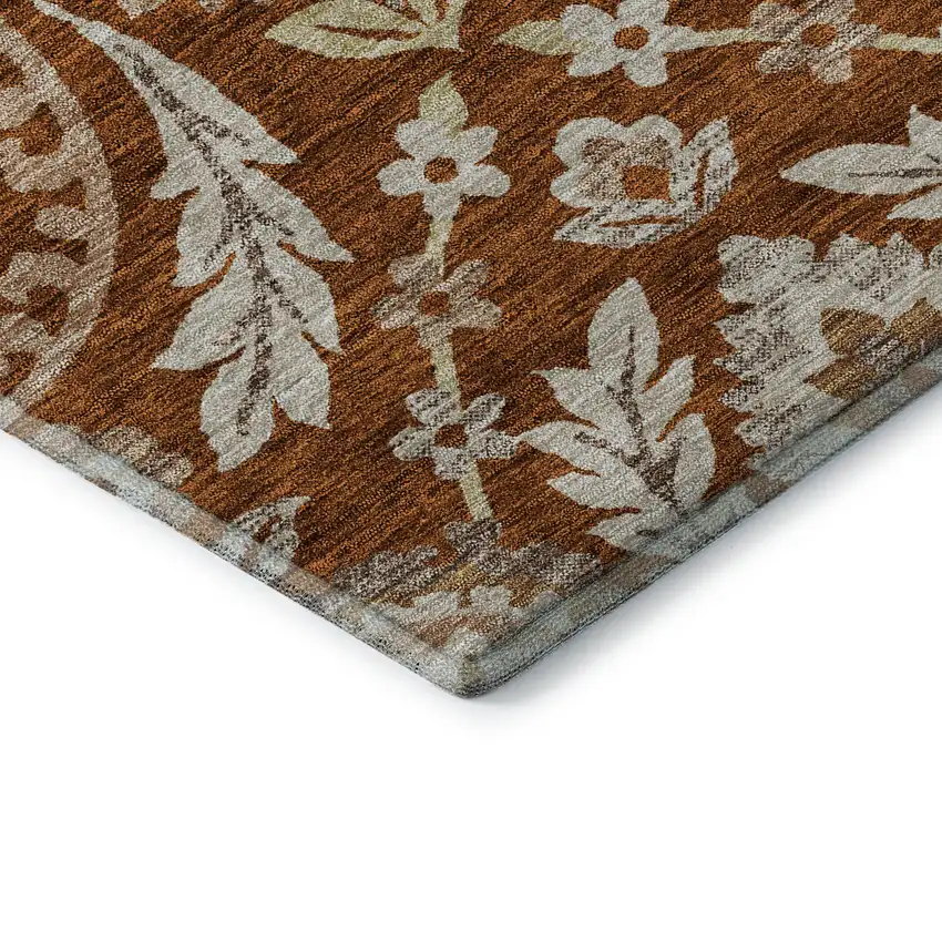 Rust Beige And Gold Floral Washable Area Rug With UV Protection Photo 8