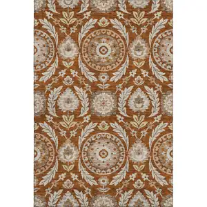 Photo of Rust Beige And Gold Floral Washable Area Rug With UV Protection