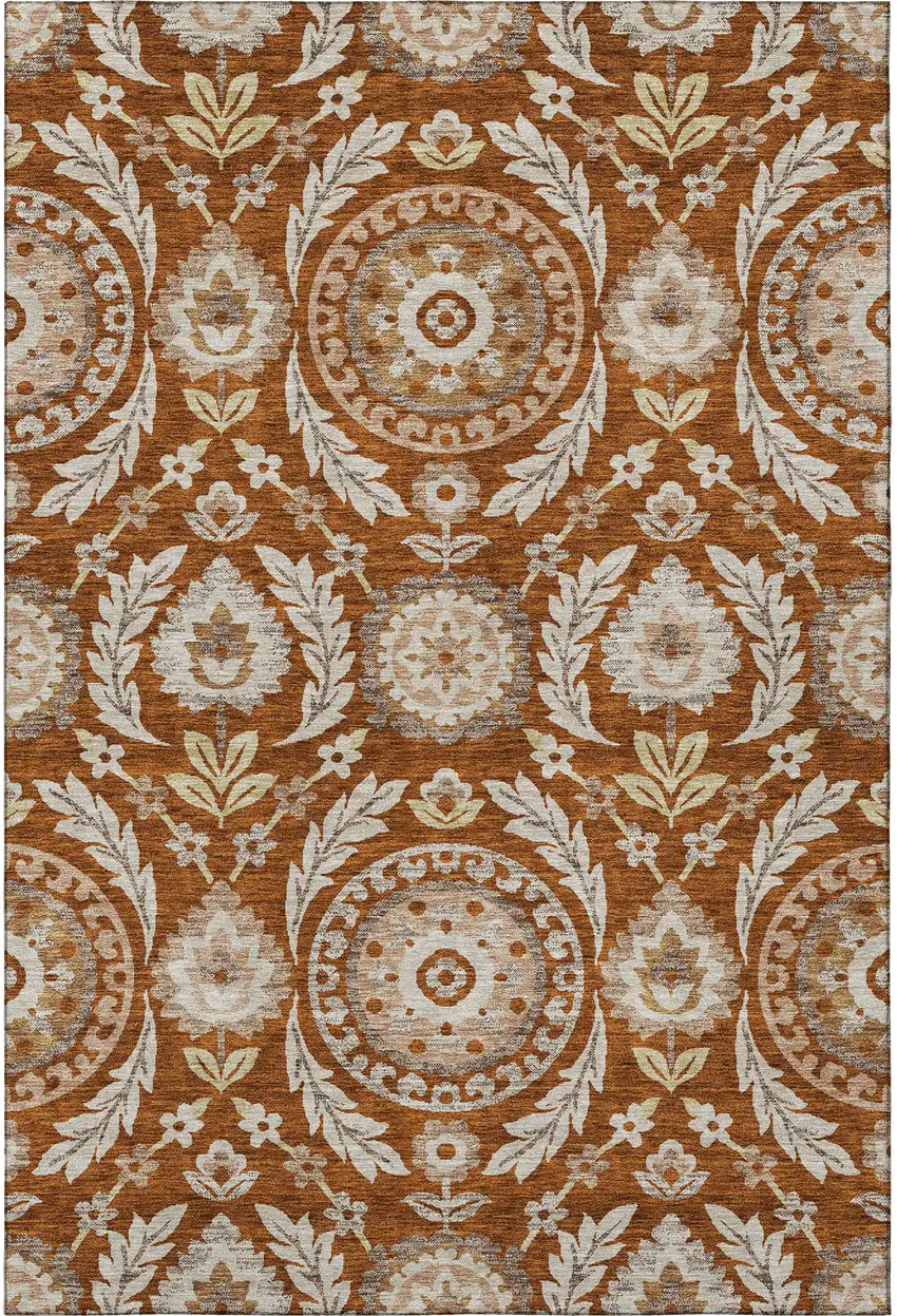 Rust Beige And Gold Floral Washable Area Rug With UV Protection Photo 4