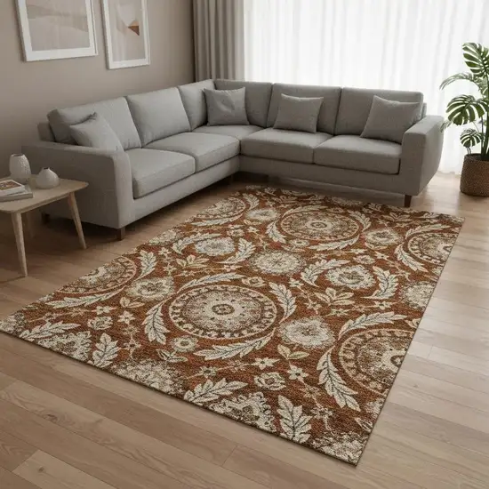 Rust Beige And Gold Floral Washable Area Rug With UV Protection Photo 2