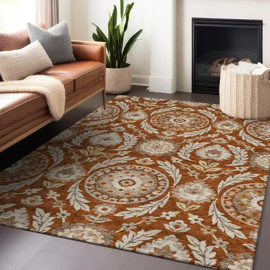 Rust Beige And Gold Floral Washable Area Rug With UV Protection Photo 6