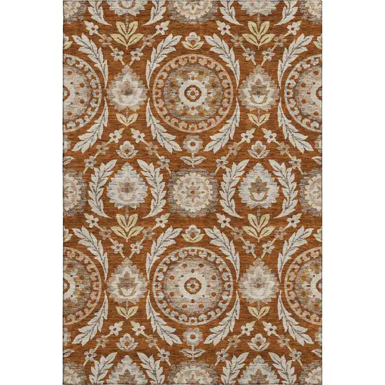 Rust Beige And Gold Floral Washable Area Rug With UV Protection Photo 1