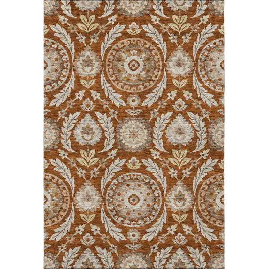 Rust Beige And Gold Floral Washable Area Rug With UV Protection Photo 4