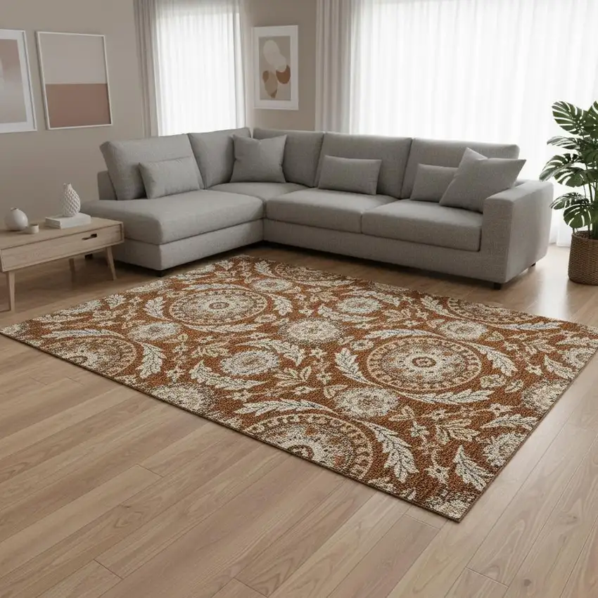 Rust Beige And Gold Floral Washable Area Rug With UV Protection Photo 2