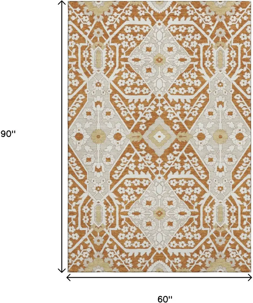 Rust Beige And Gold Floral Washable Area Rug With UV Protection Photo 3