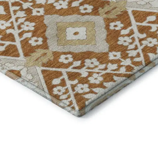 Rust Beige And Gold Floral Washable Area Rug With UV Protection Photo 9