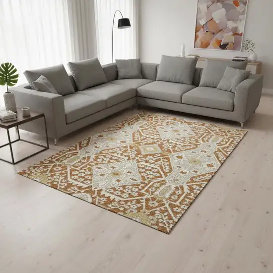 Rust Beige And Gold Floral Washable Area Rug With UV Protection Photo 1