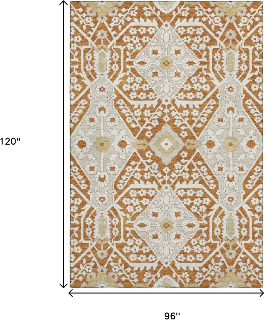 Rust Beige And Gold Floral Washable Area Rug With UV Protection Photo 3