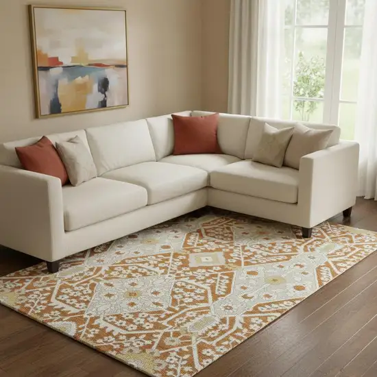 Rust Beige And Gold Floral Washable Area Rug With UV Protection Photo 1