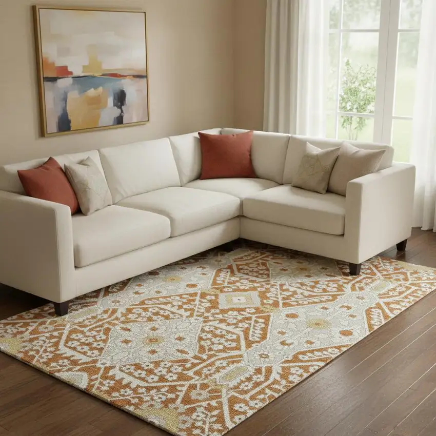 Rust Beige And Gold Floral Washable Area Rug With UV Protection Photo 1