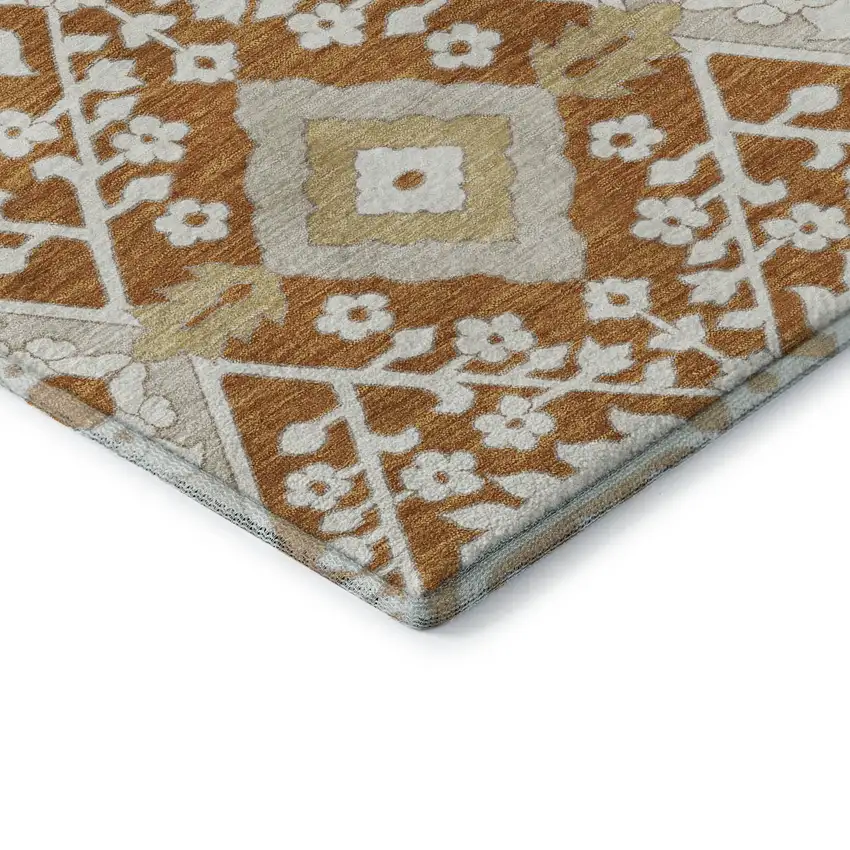 Rust Beige And Gold Floral Washable Area Rug With UV Protection Photo 9