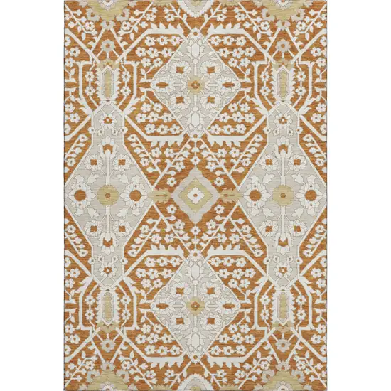 Rust Beige And Gold Floral Washable Area Rug With UV Protection Photo 2