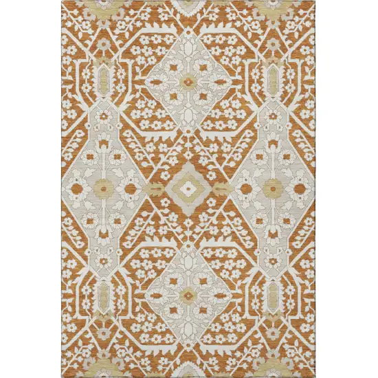 Rust Beige And Gold Floral Washable Area Rug With UV Protection Photo 5
