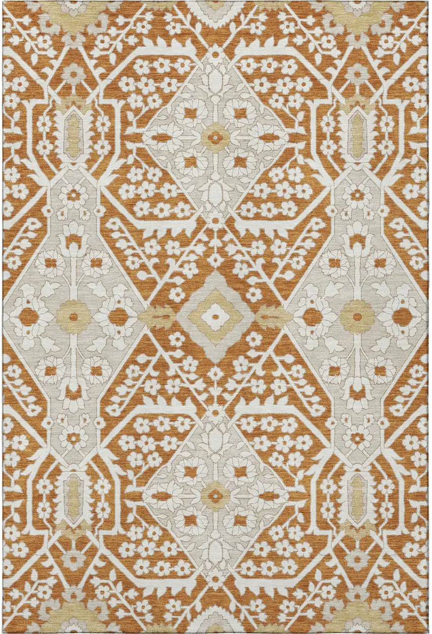 Rust Beige And Gold Floral Washable Area Rug With UV Protection Photo 5