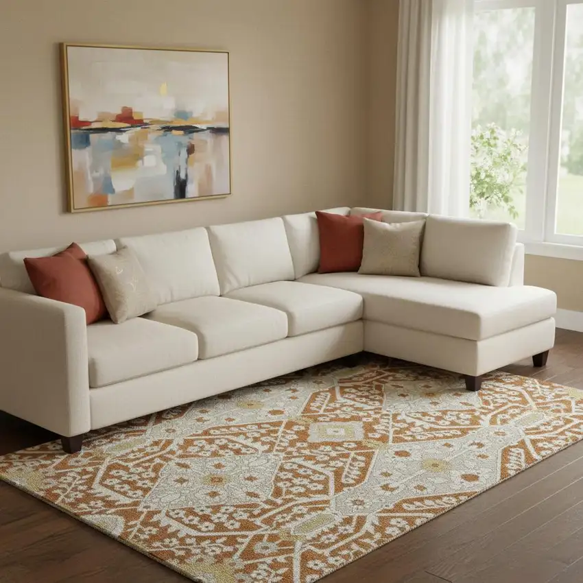 Rust Beige And Gold Floral Washable Area Rug With UV Protection Photo 1