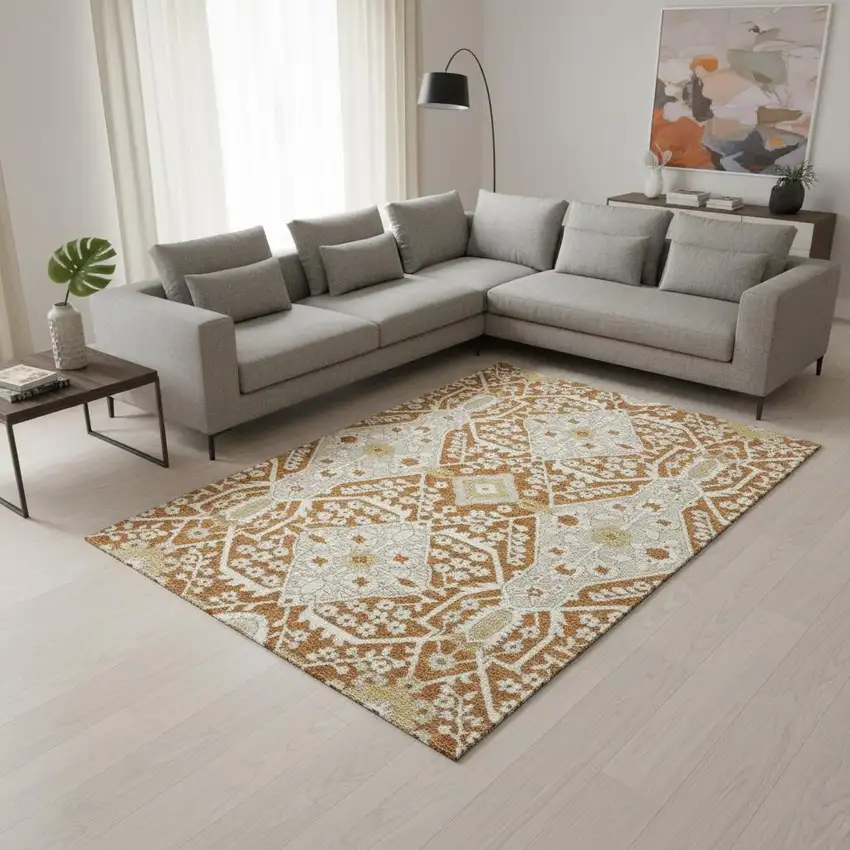 Rust Beige And Gold Floral Washable Area Rug With UV Protection Photo 1